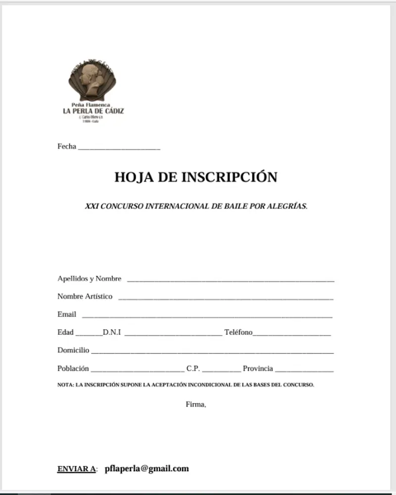 Hoja de Inscripcion Concurso de Alegrias de la Perla de Cádiz