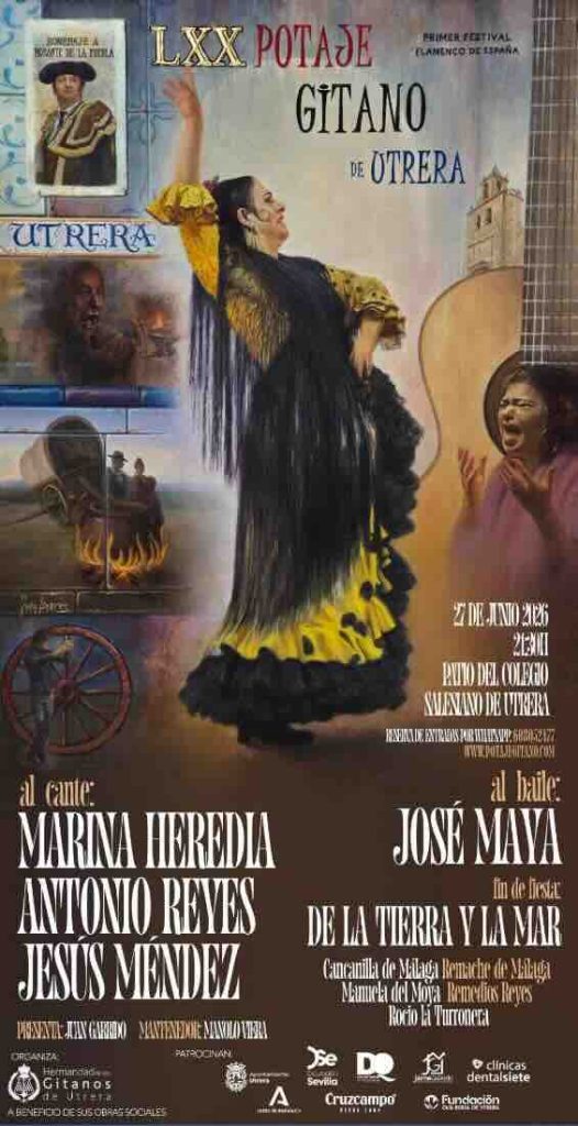 Poster for LXX Potaje Gitano de Utrera showing a flamenco dancer in a yellow and black dress with a guitarist nearby and a collage of related images and text.