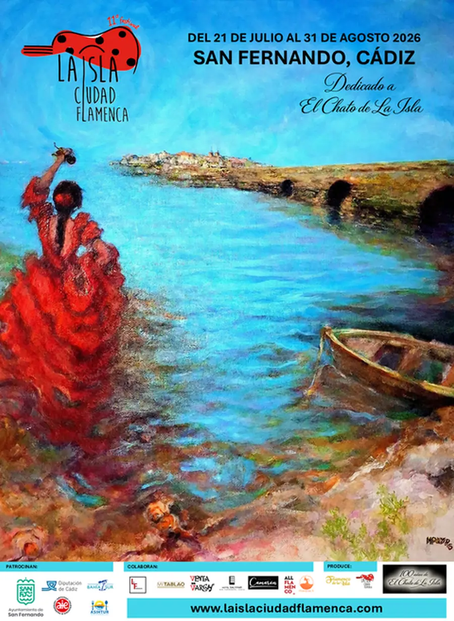 Festival poster for La Isla Ciudad Flamenca in San Fernando, Cádiz, July 21–Aug 31, 2026; blue seascape with a red flamenco dress figure on the left and a small boat on the right.