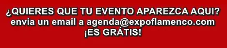 Banner rojo con texto blanco: '¿Quieres que tu evento aparezca aquí? envía un email a agenda@expoflamenco.com ¡Es gratis!'