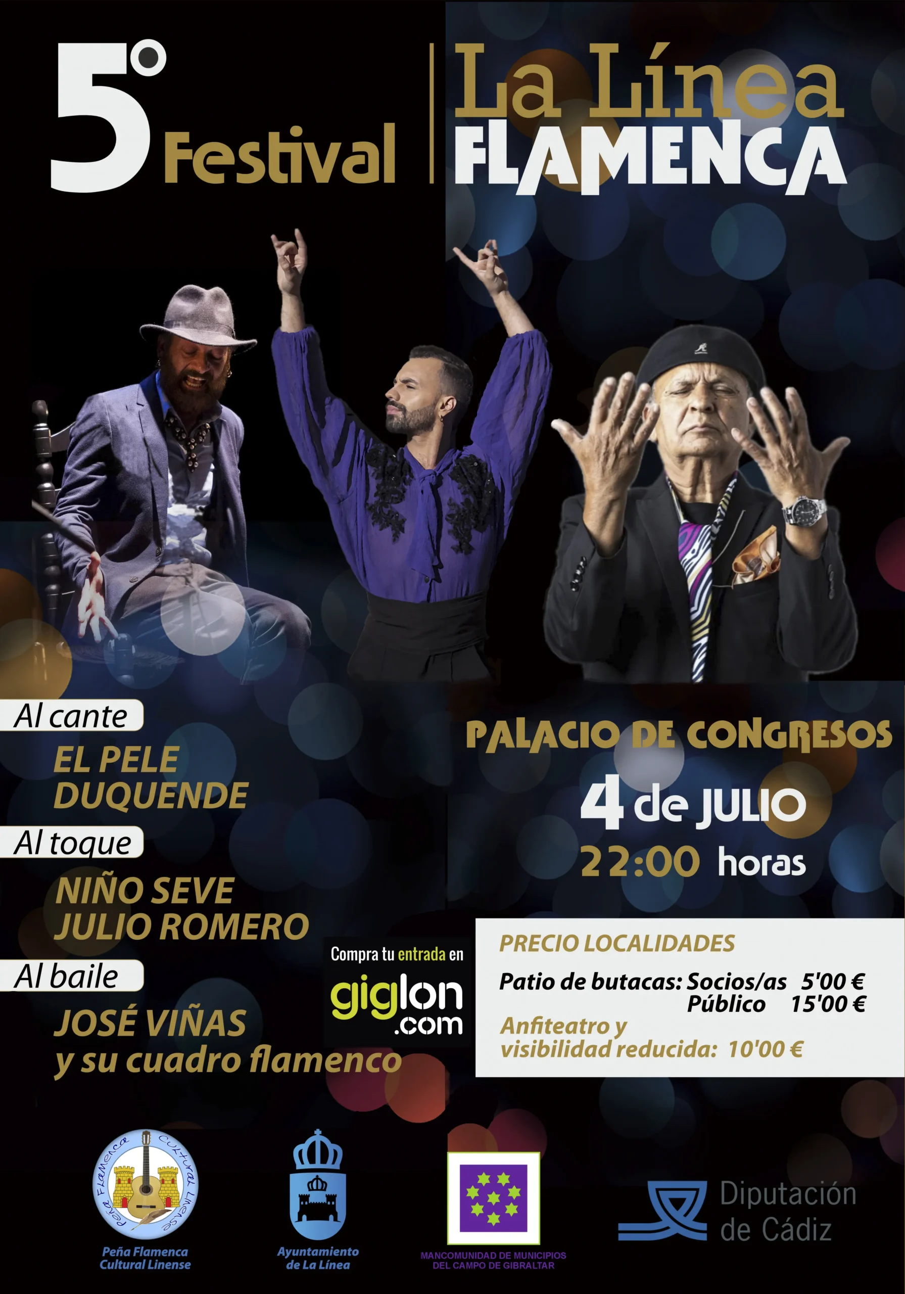 Promotional poster for the 5th Festival La Línea Flamenca at Palacio de Congresos, showing three flamenco performers and event details (July 4, 22:00).