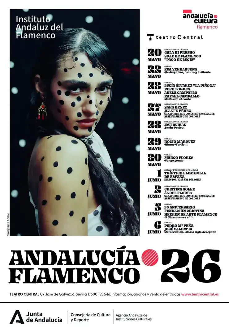 Poster for Andalucía Flamenco 26, showing a dancer with black polka dots on her face and arm; schedule appears on the right.