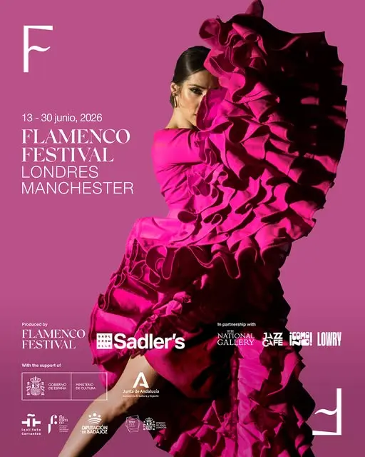Promotional poster for Flamenco Festival London & Manchester, June 13–30, 2026, featuring a dancer in a bright pink ruffled dress against a purple background.