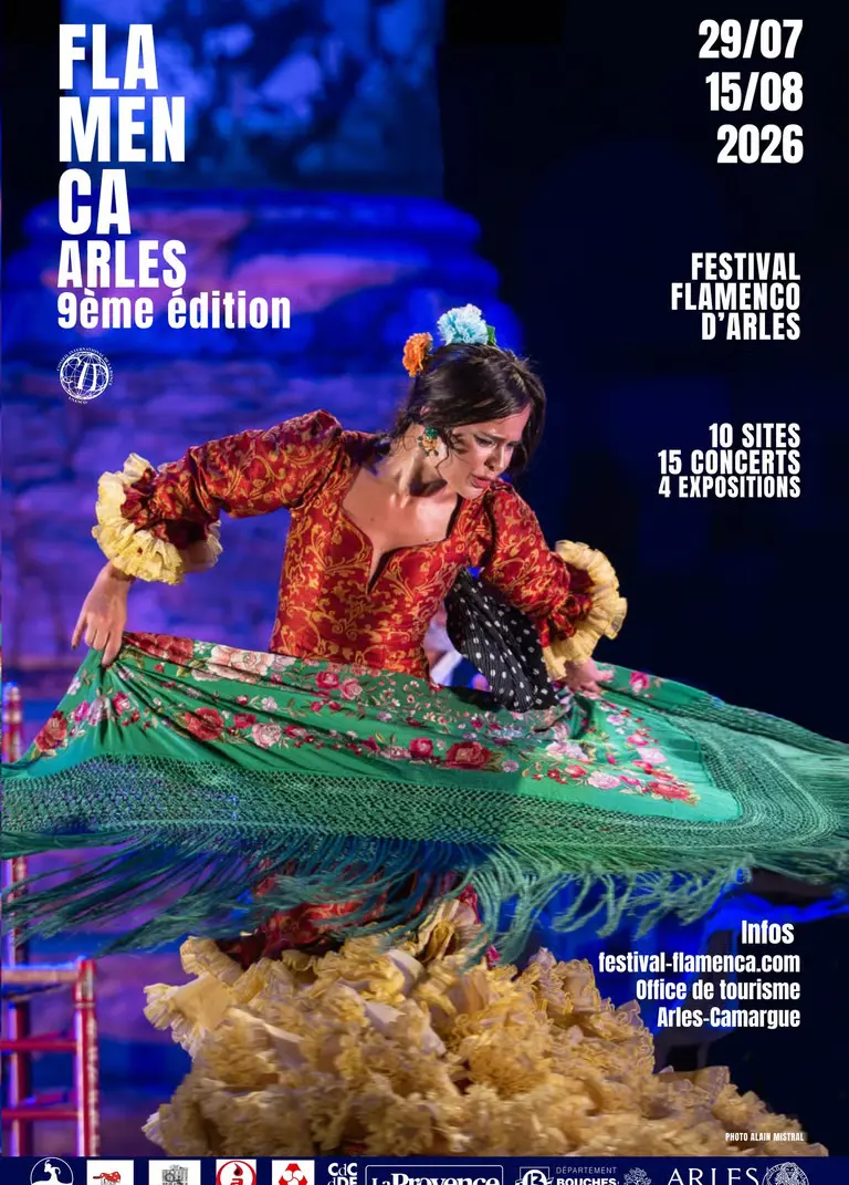 Poster for Festival Flamenco d'Arles: dancer in a red bodice and green floral skirt mid-tlip with stage lighting; dates 29/07–15/08/2026 and festival info on the sides.