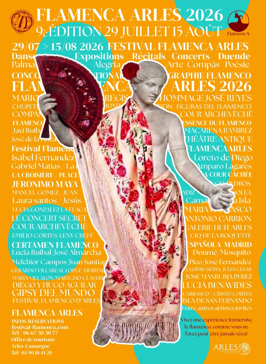 Festival poster for Flamenca Arles 2026 featuring a classical statue draped in a pink floral shawl, holding a red fan against an orange and turquoise background with event text.