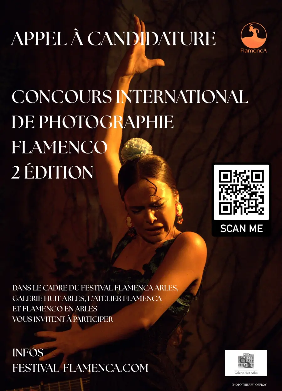 Flamenco festival poster with a dancer raising her arm, French call for applications and a QR code.