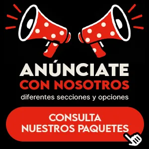 Ad banner with two red megaphones; text reads 'Anúnciate con nosotros' and 'consultá nuestros paquetes' in Spanish; includes a red rounded button saying 'Consulta nuestros paquetes' as a call to action.