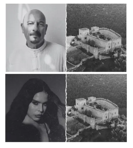 Collage with two portraits (man top left, woman bottom left) and two views of a hillside fortress (top right, bottom right).