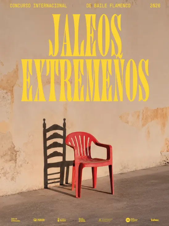 Poster for the 2026 International Flamenco Dance Contest 'Jaleos Extremos' featuring oversized yellow text and two chairs (black and red) against a sunlit beige wall.