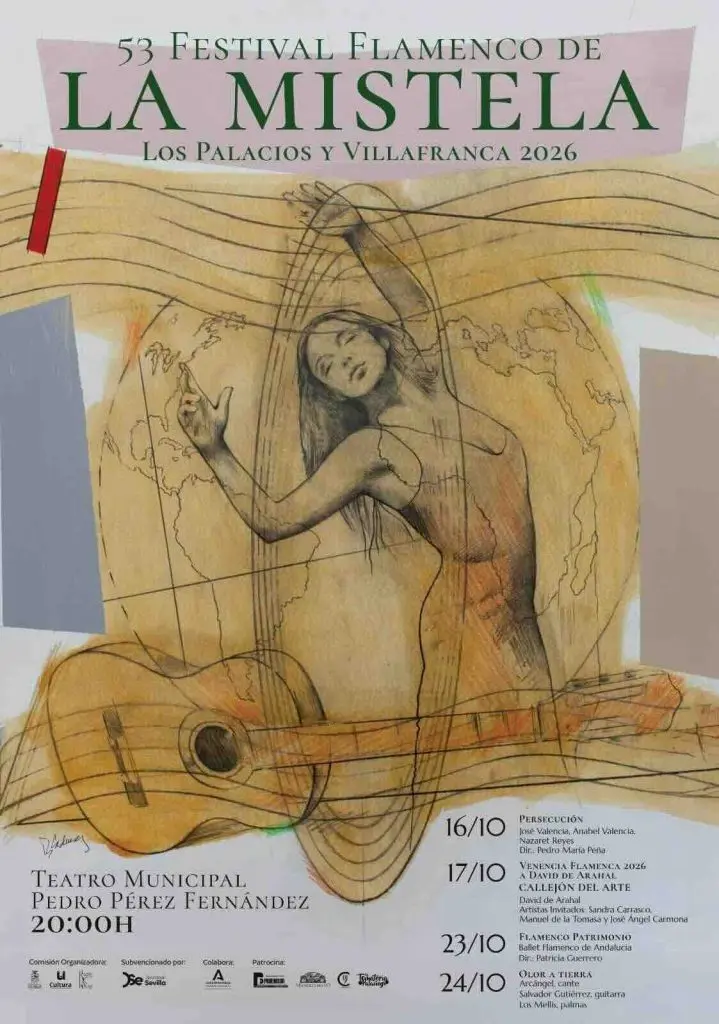 Poster for the 53rd Flamenco Festival La Mistela in Los Palacios y Villafranca 2026, featuring a stylized dancer with a guitar over a world map and festival dates/venue.