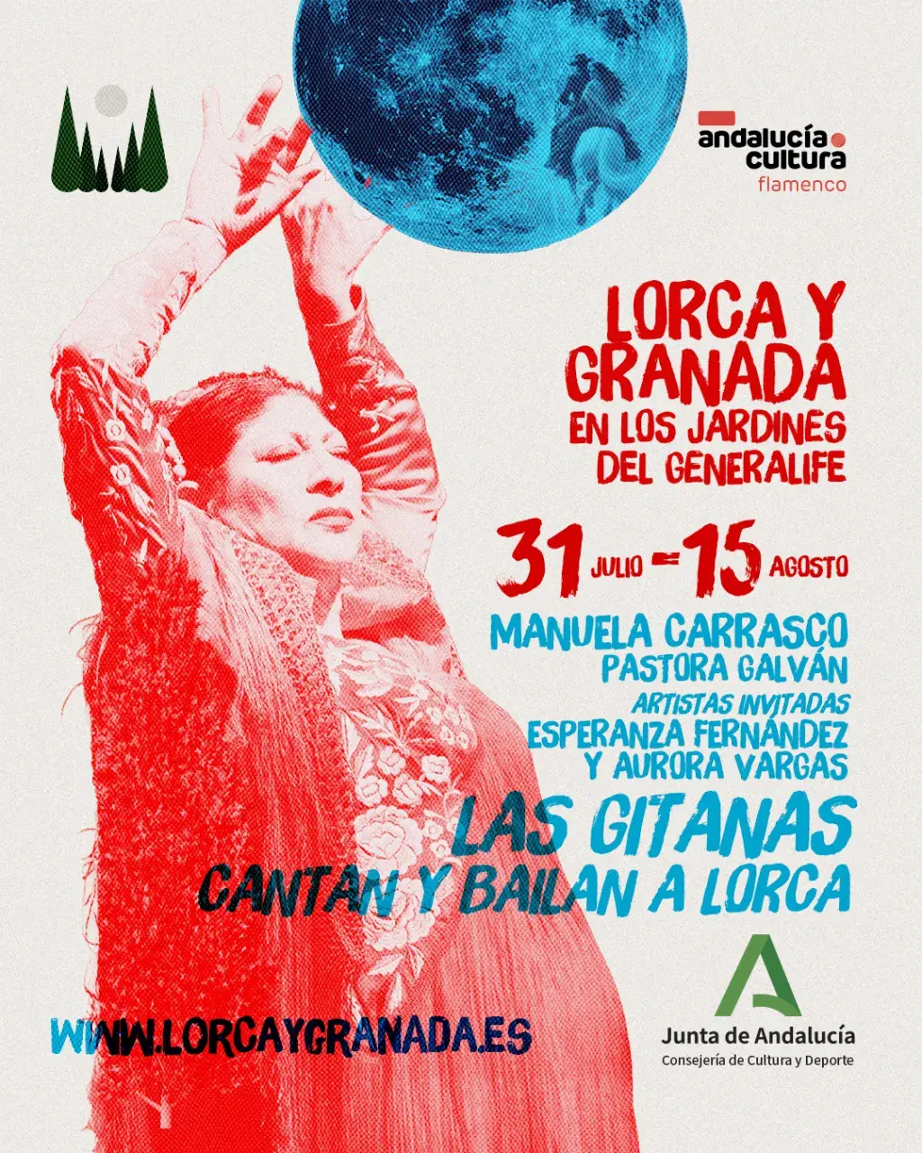 Flamenco dancer in red tones raising arms, holding a blue globe, with bold red and blue event text for Lorca y Granada en los Jardines del Generalife poster.