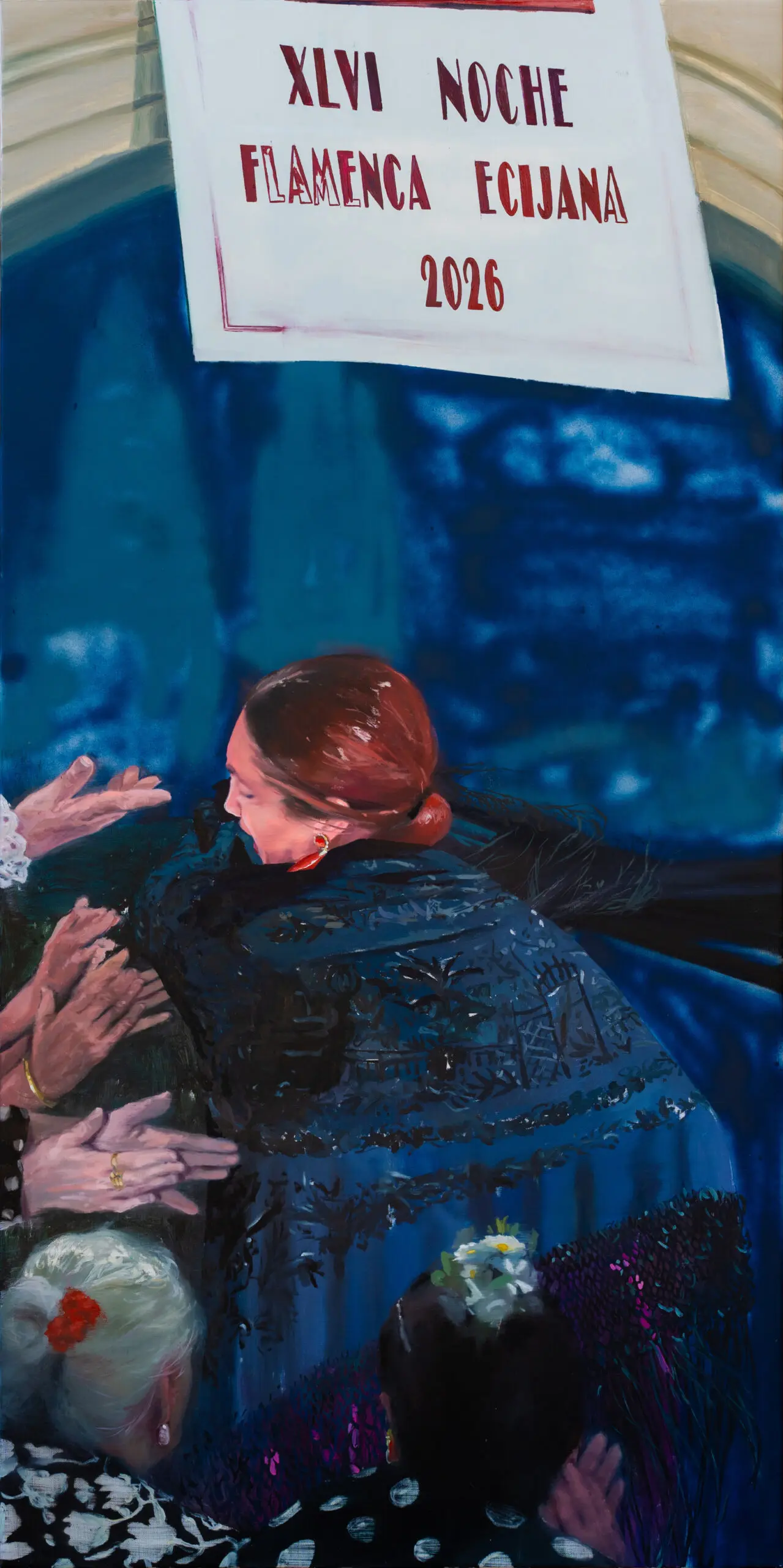 Painting of a flamenco event poster reading 'XVI Noche Flamenca Ecijana 2026' held above a crowd as a woman in a dark shawl is greeted.