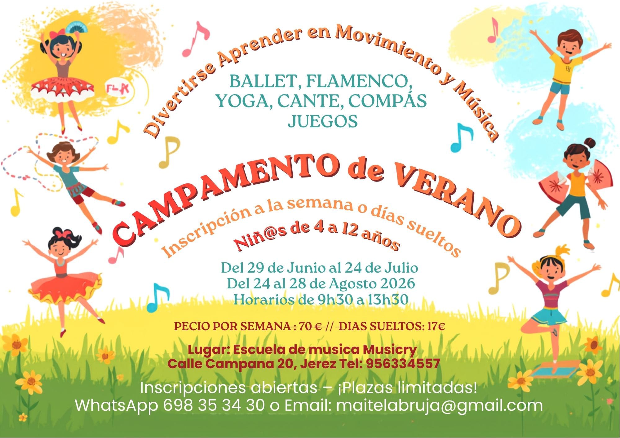 Bright poster advertising a children's summer camp with ballet, flamenco, yoga, singing and dancing; includes illustrated kids and musical notes on a colorful background.