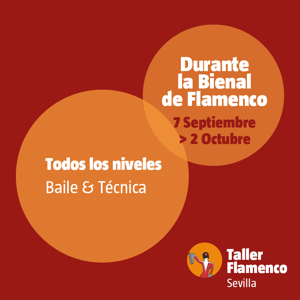 Poster advertising Taller Flamenco Sevilla: Bienal de Flamenco dates Sept 7–Oct 2; all levels, dance & technique.