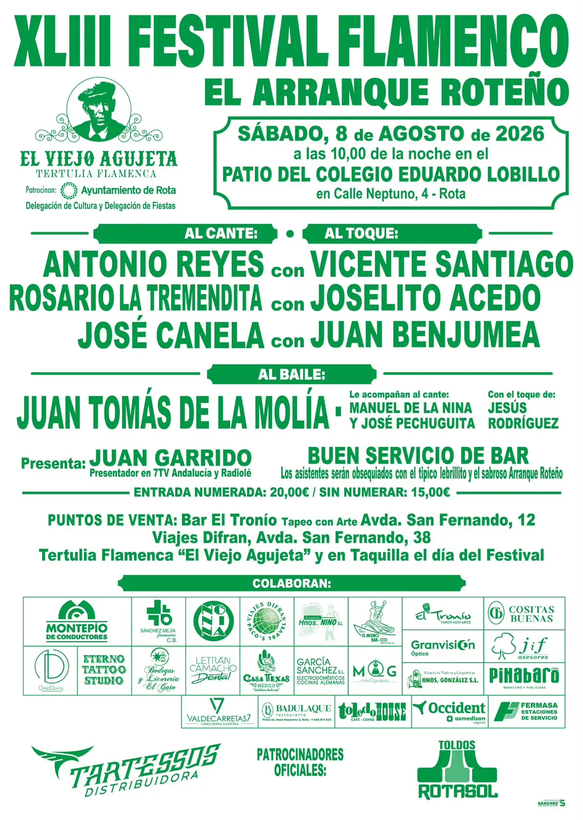 Cartel promocional en verde anunciando el XLIII Festival Flamenco El Arranque Roteño con fecha, lugar y artistas.