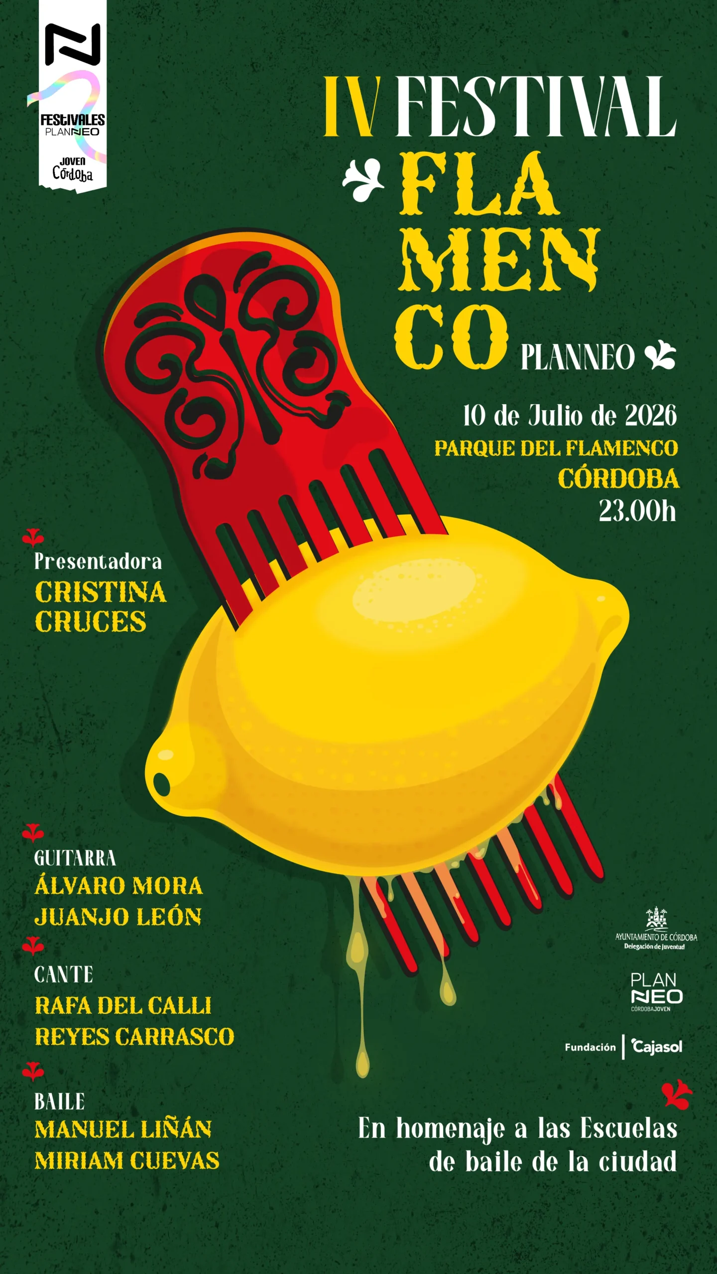 Poster for the IV Festival Flamenco Córdoba 2026 featuring a large stylized guitar graphic and festival details (Cordoba, Spain). The text includes date 10 de Julio de 2026 and location Parque del Flamenco Córdoba; presented by Cristina Cruces.