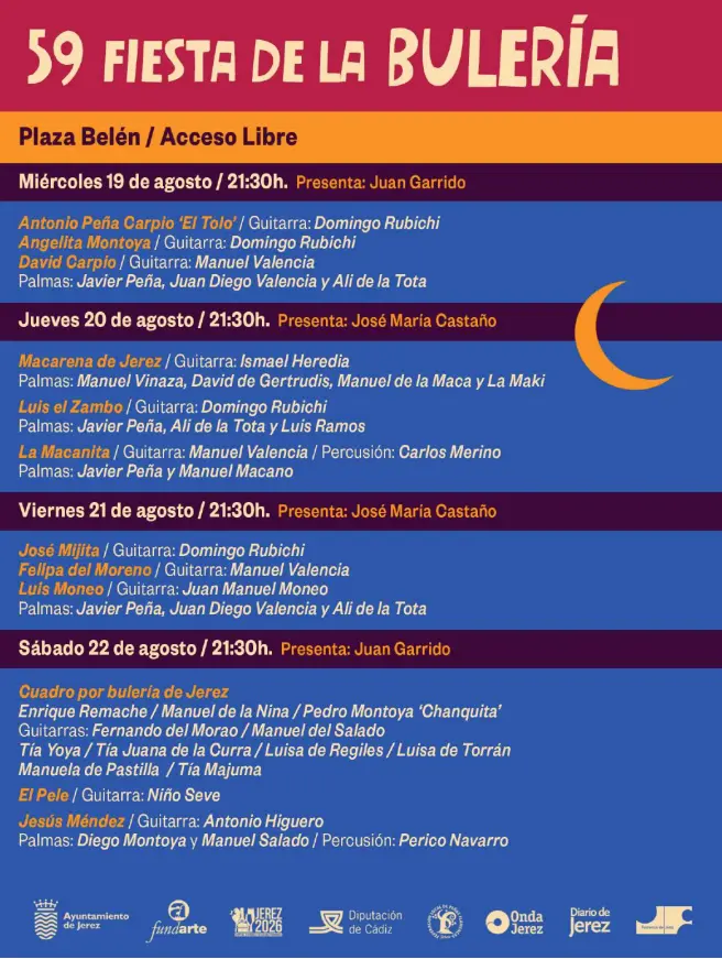 Poster announcing the 59 Fiesta de la Bulería schedule with daily lineups, venues, dates, and presenters.