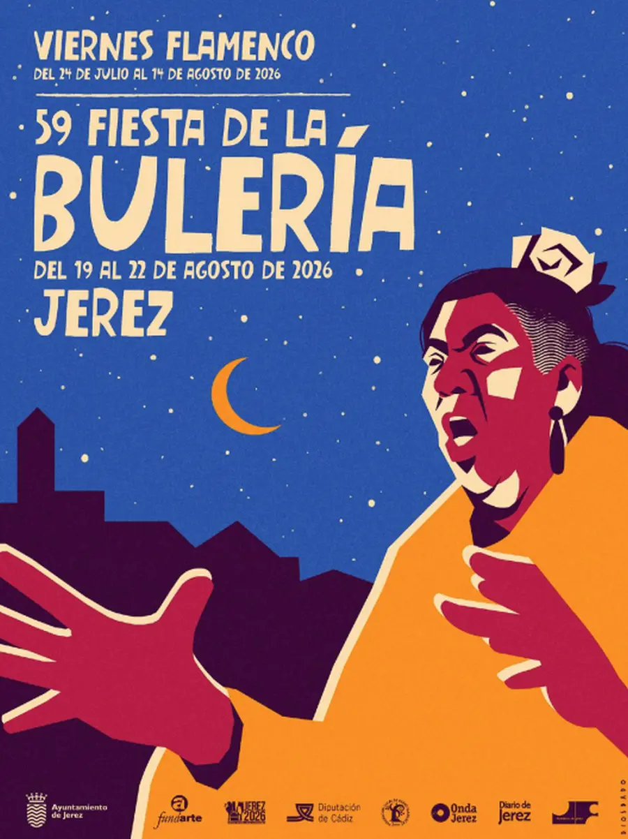 Event poster for a Flamenco night: 'Fri Flamenco' and '59 Fiesta de la Bulería' in Jerez, Aug 19–22, 2026 (city logos at bottom).
