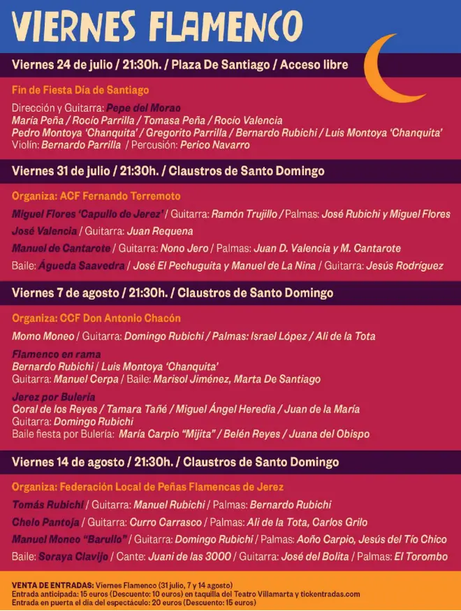 Poster advertising Friday Flamenco events in Jerez with dates, times, venues, and artist lineups.