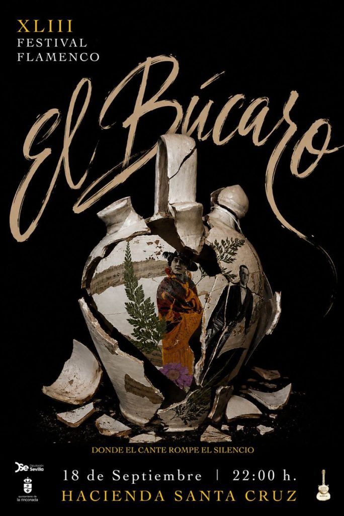 Festival poster for XLIII Flamenco, featuring a shattered ceramic vase and the word 'El Búho' in large script; conveys a dramatic flamenco event poster.