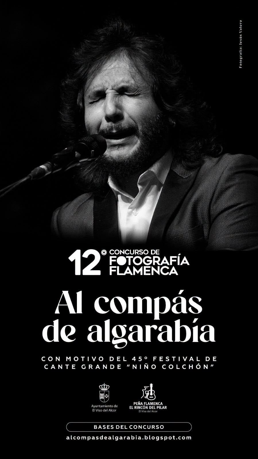 Black-and-white poster featuring a male singer with eyes closed at a microphone, promoting the 12th Flamenco Photography Contest 'Al compás de algarabía' with festival details and sponsors.