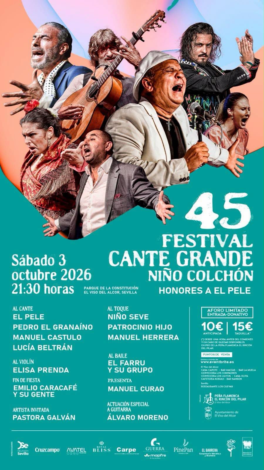 Collage-style festival poster for the 45th Festival Cante Grande Niño Colchón, showing multiple performers singing and playing guitar, with teal section listing date (Oct 3, 2026, 21:30), venue in Sevilla, and lineup names such as El Pele, Pedro El Granaíno, Manuel Castilla, Lucía Beltrán.