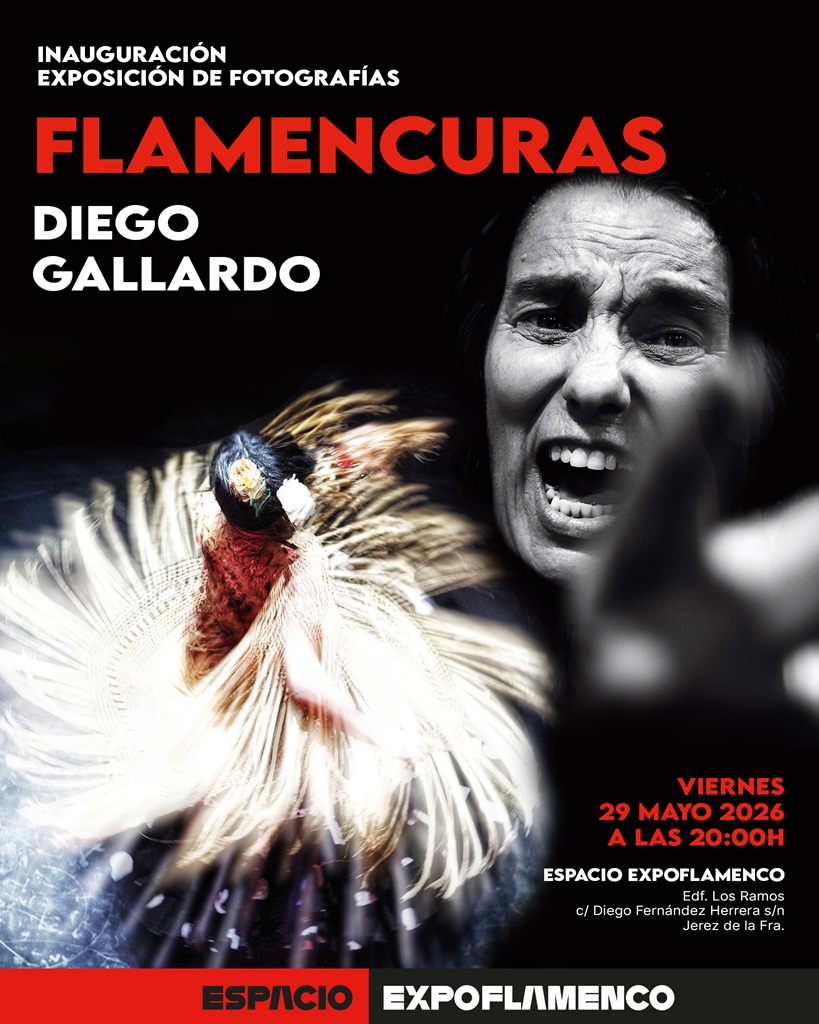 Poster announcing the Flamencuras photography exhibition by Diego Gallardo, featuring a close-up of a woman's face and a blurred flamenco dancer, with bold red and white text.