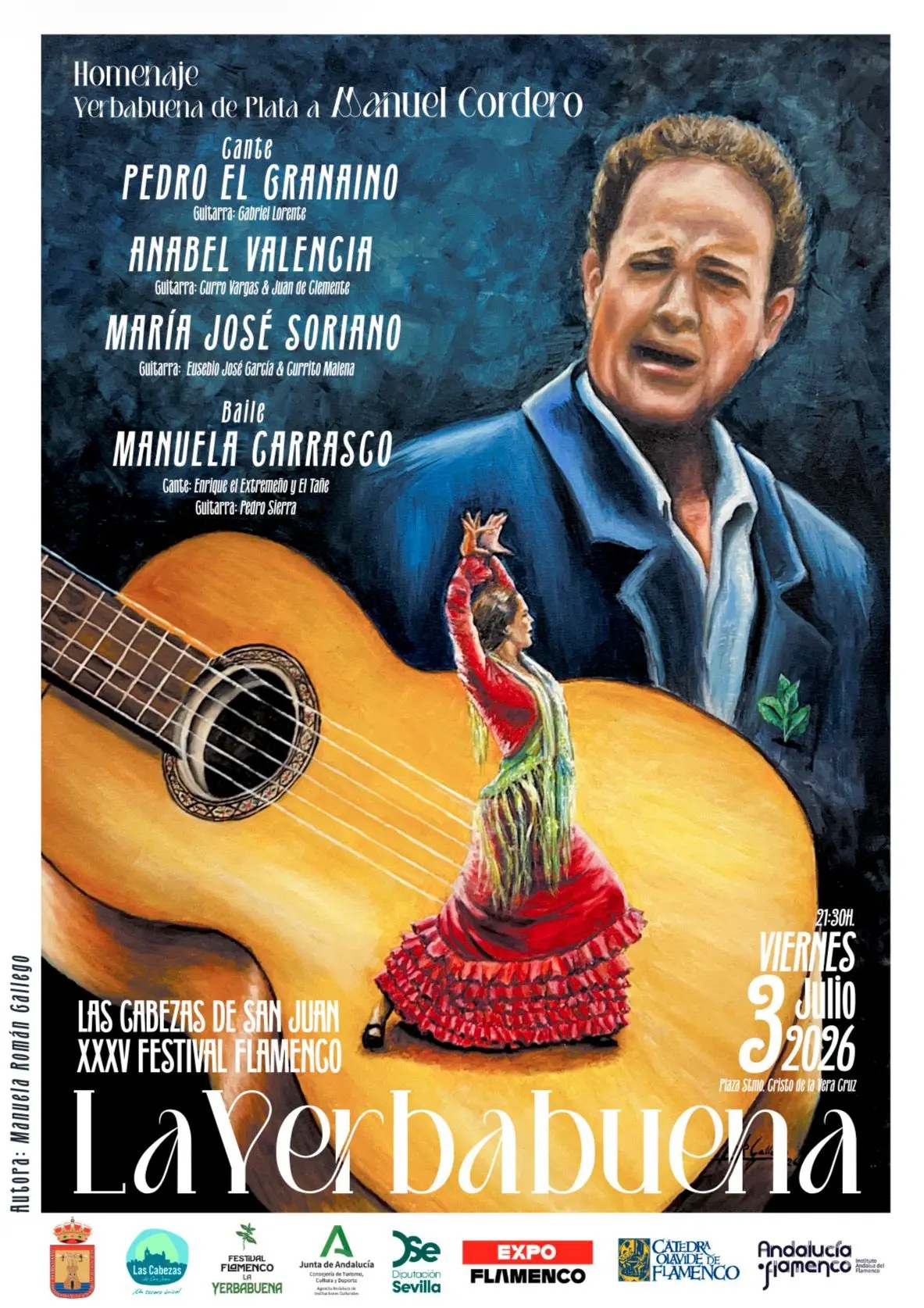 Poster for a flamenco festival featuring a guitarist and a flamenco dancer with bold text and sponsors; date July 3, 2026.
