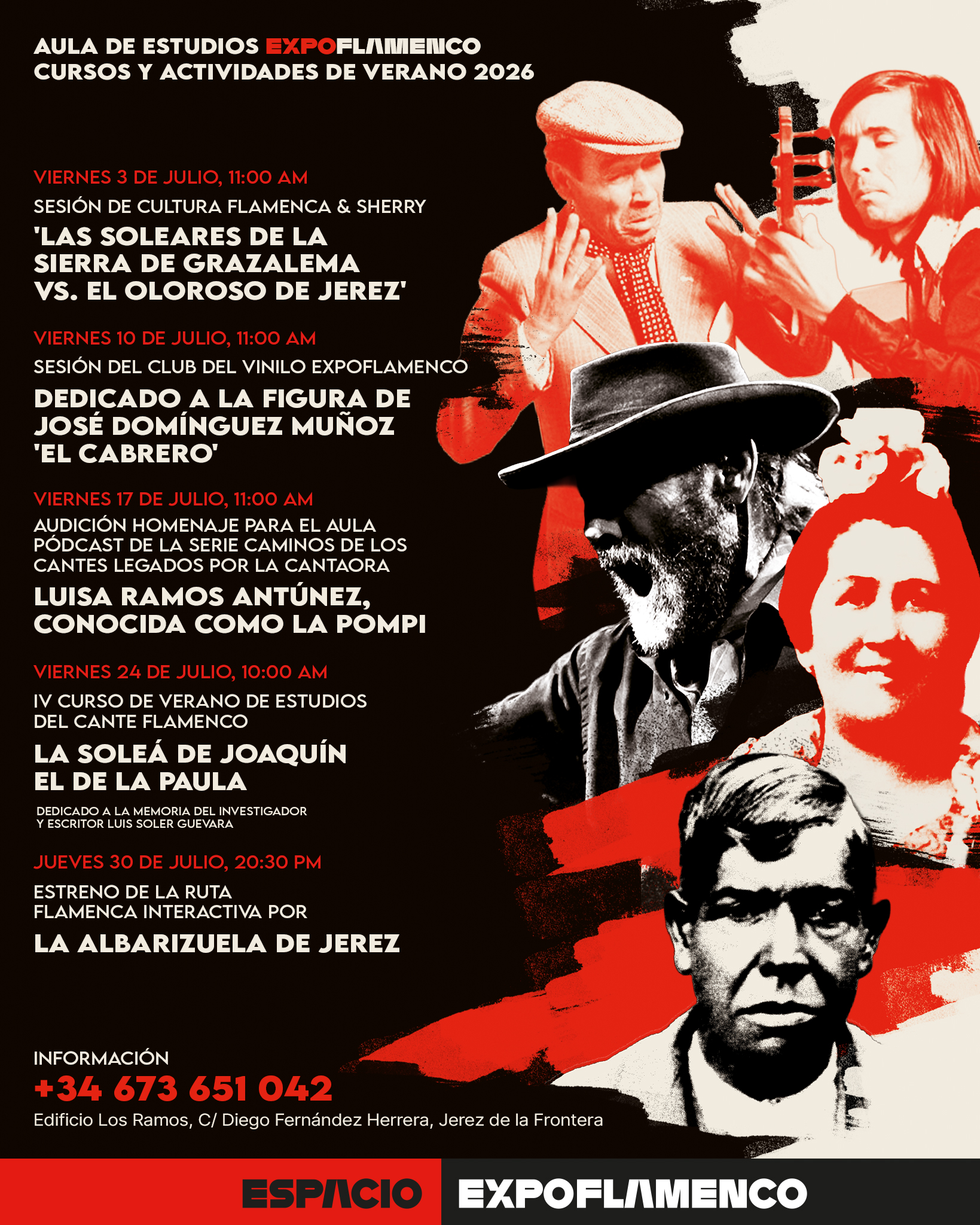 Promotional poster for Espacio Expo Flamenco Summer 2026 with red-beige collage of flamenco figures and a schedule of events in Spanish on the left side; dates include July 3, 10, 17, 24 and related activities.
