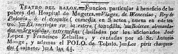 Se anuncia que el Planeta (Sr. Antonio Monge) cantará el «polo de Tobalo» en el Teatro del Balón de Cádiz. Diario Mercantil, 23 de noviembre de 1826. Tomado del blog de Faustino Núñez El Afinador de Noticias (10 de abril de 2013).