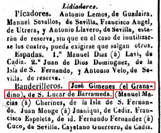 Imagen tomada de la revista RAF (Recopilatorio Artistas Flamencos. Sanlúcar de Bda., nº 19-20), que editan Servando Repetto y María José Jiménez García. El anuncio es de una corrida en Lorca (Diario de Murcia, 16 de septiembre de 1847).