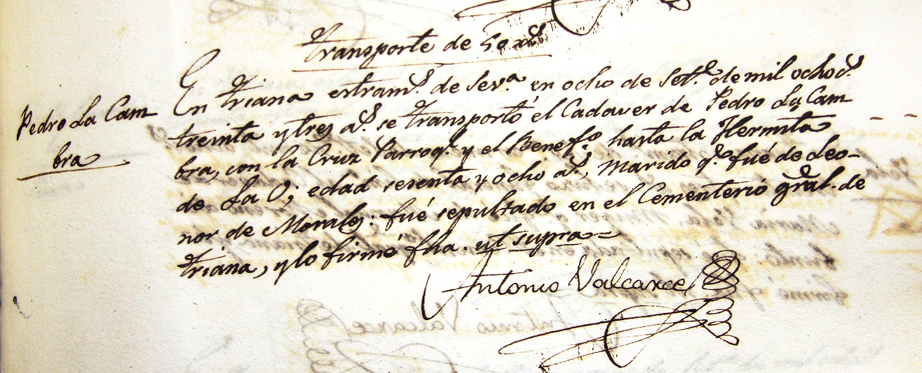 Partida de defunción de Pedro Lacambra en Triana, en 1833. Archivo Manuel Bohórquez.