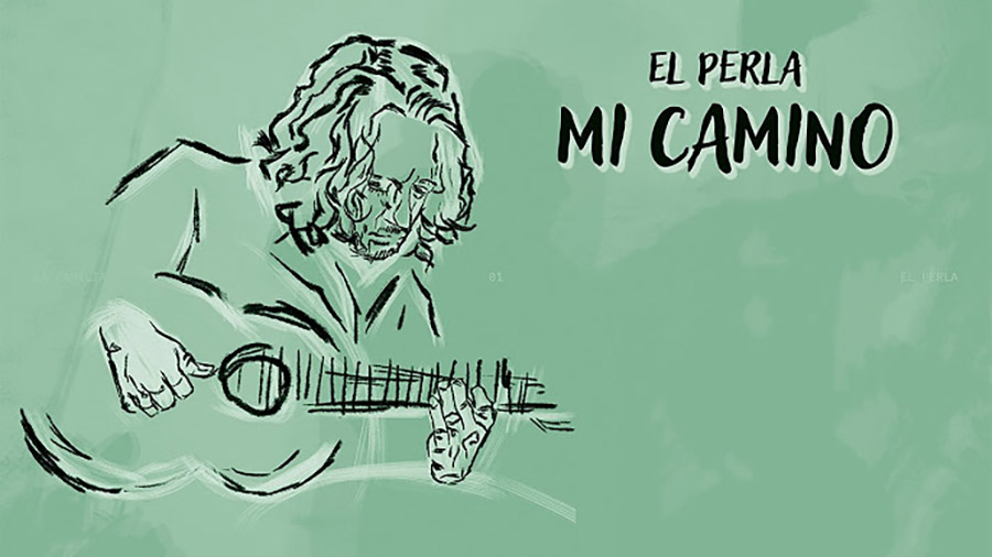 Illustration of a man with long hair playing an acoustic guitar on a green background, with the title 'El Perla Mi Camino'.