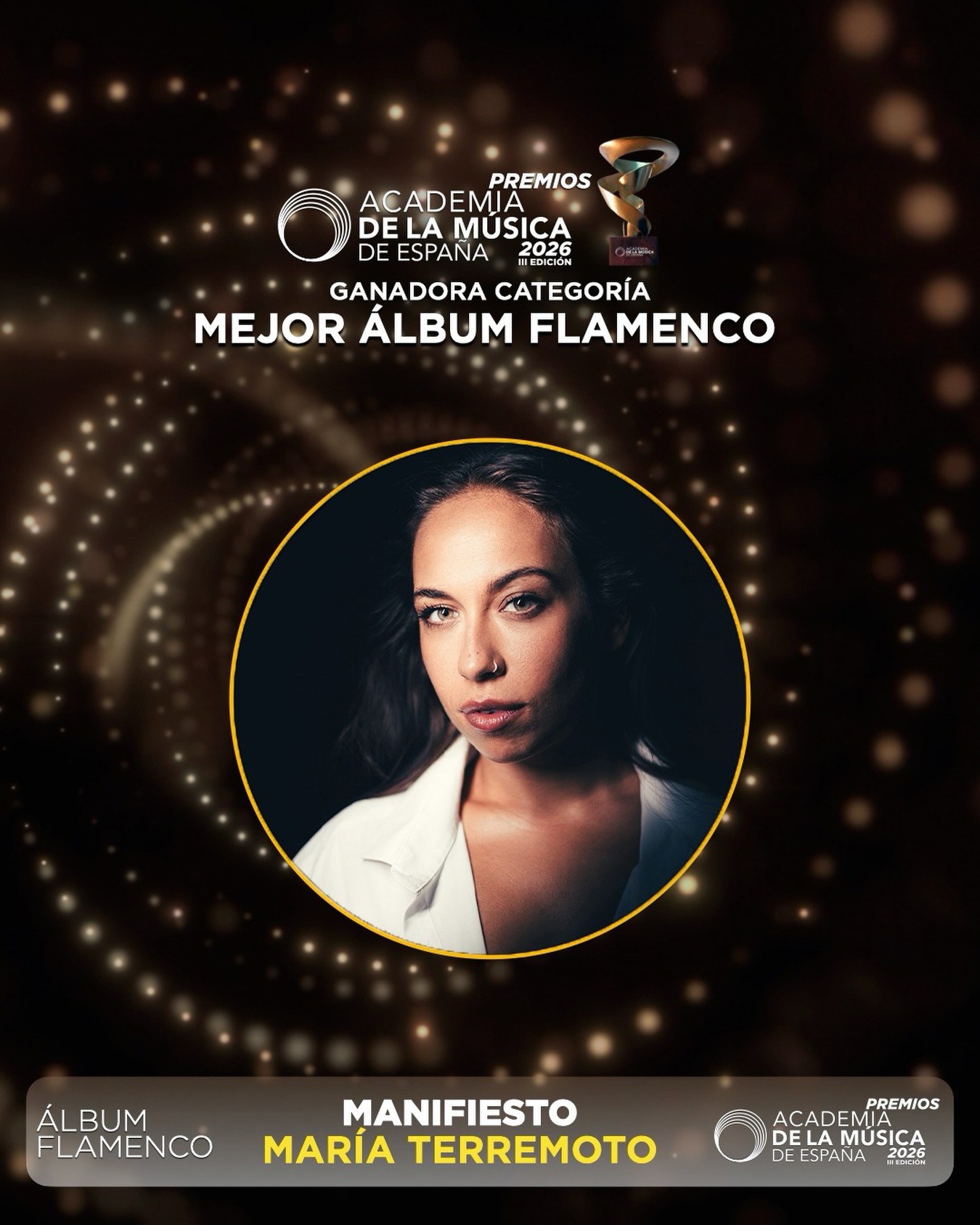 Awards poster announcing María Terremoto as Best Flamenco Album winner at the 2026 Spain Music Academy Awards.