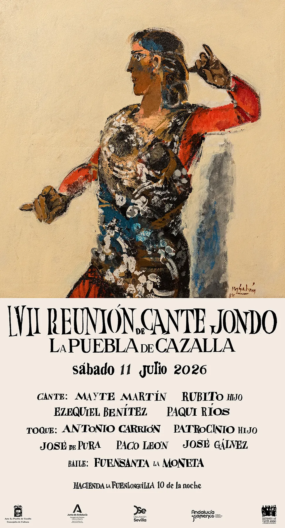 Poster advertising the VII Reunión de Cante Jondo in La Puebla de Cazalla, featuring a painted flamenco dancer and event details for July 11, 2026.