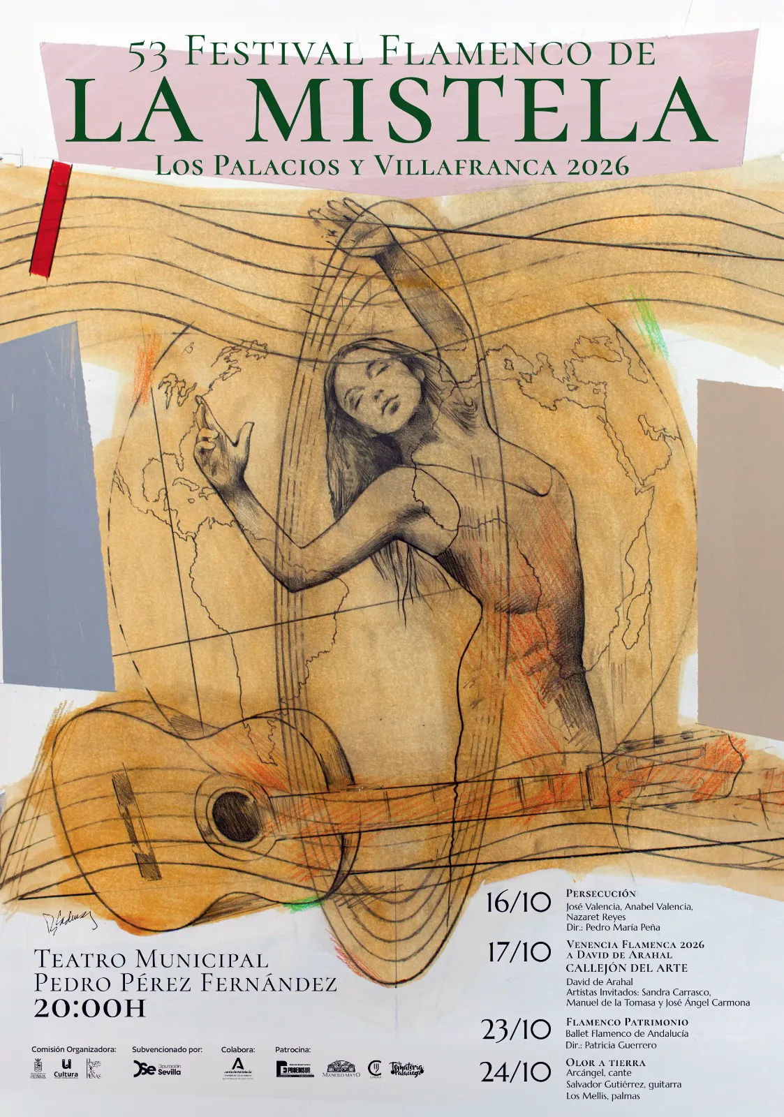 Poster for the 53rd Festival Flamenco de La Mistela in Los Palacios y Villafranca 2026, showing a sketch of a woman inside a guitar with a world map background and festival dates.