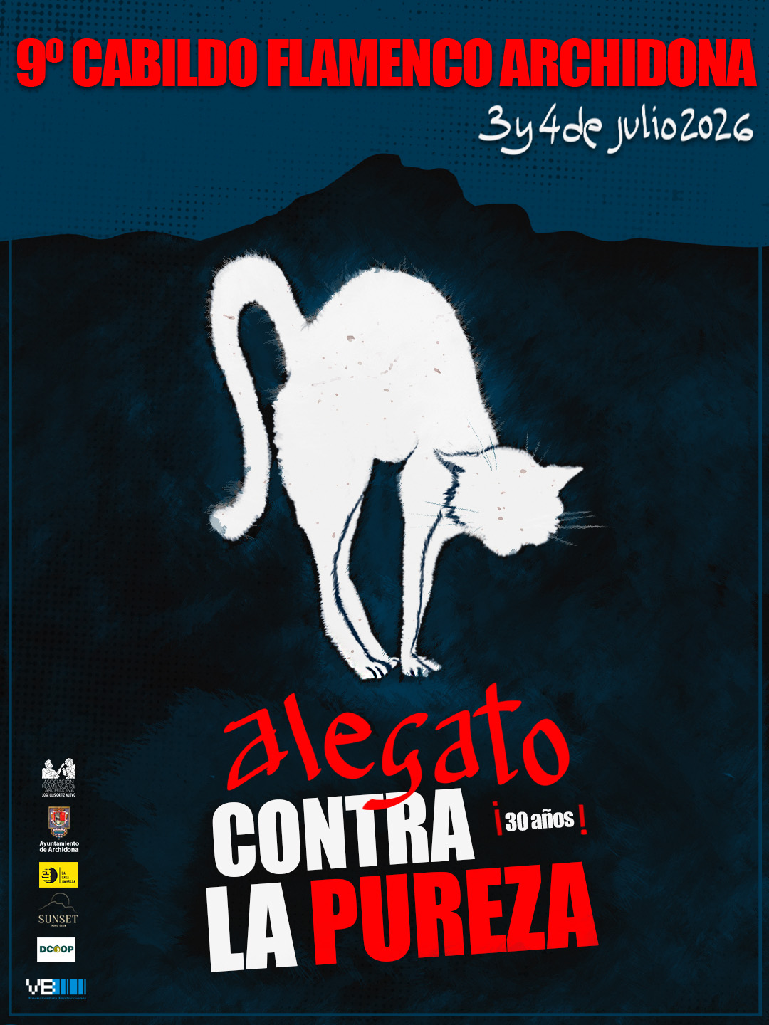Poster for the 9th Cabildo Flamenco Archidona with a white cat bowing on a dark blue background; bold red title and the phrase 'alegato contra la pureza'
