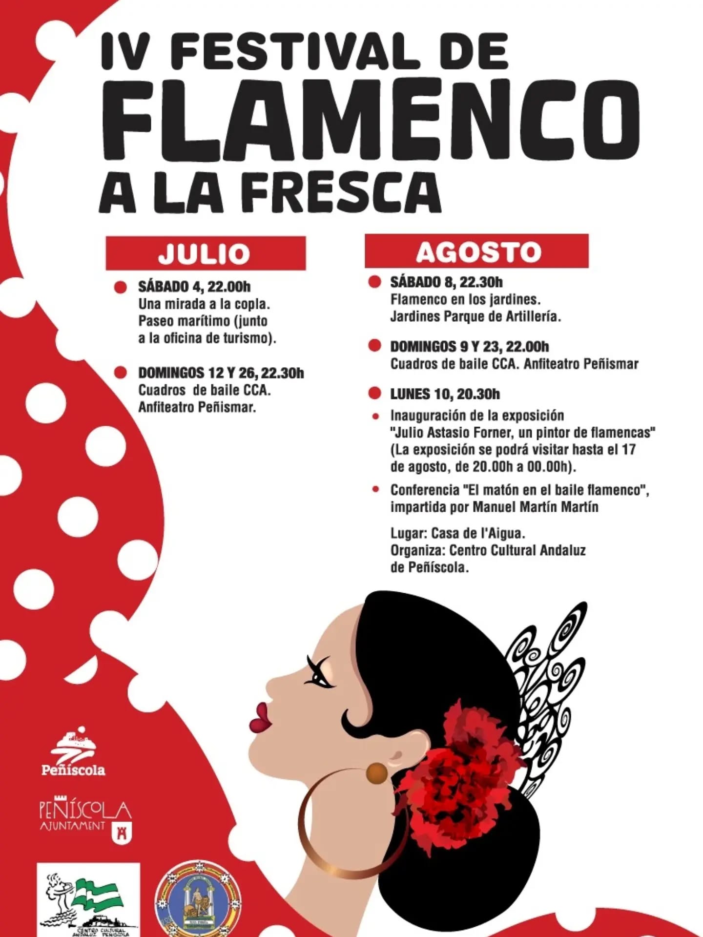 Poster for IV Festival de Flamenco a la Fresca with July–August events; features a flamenco dancer illustration and red decorative elements to the left and bottom.