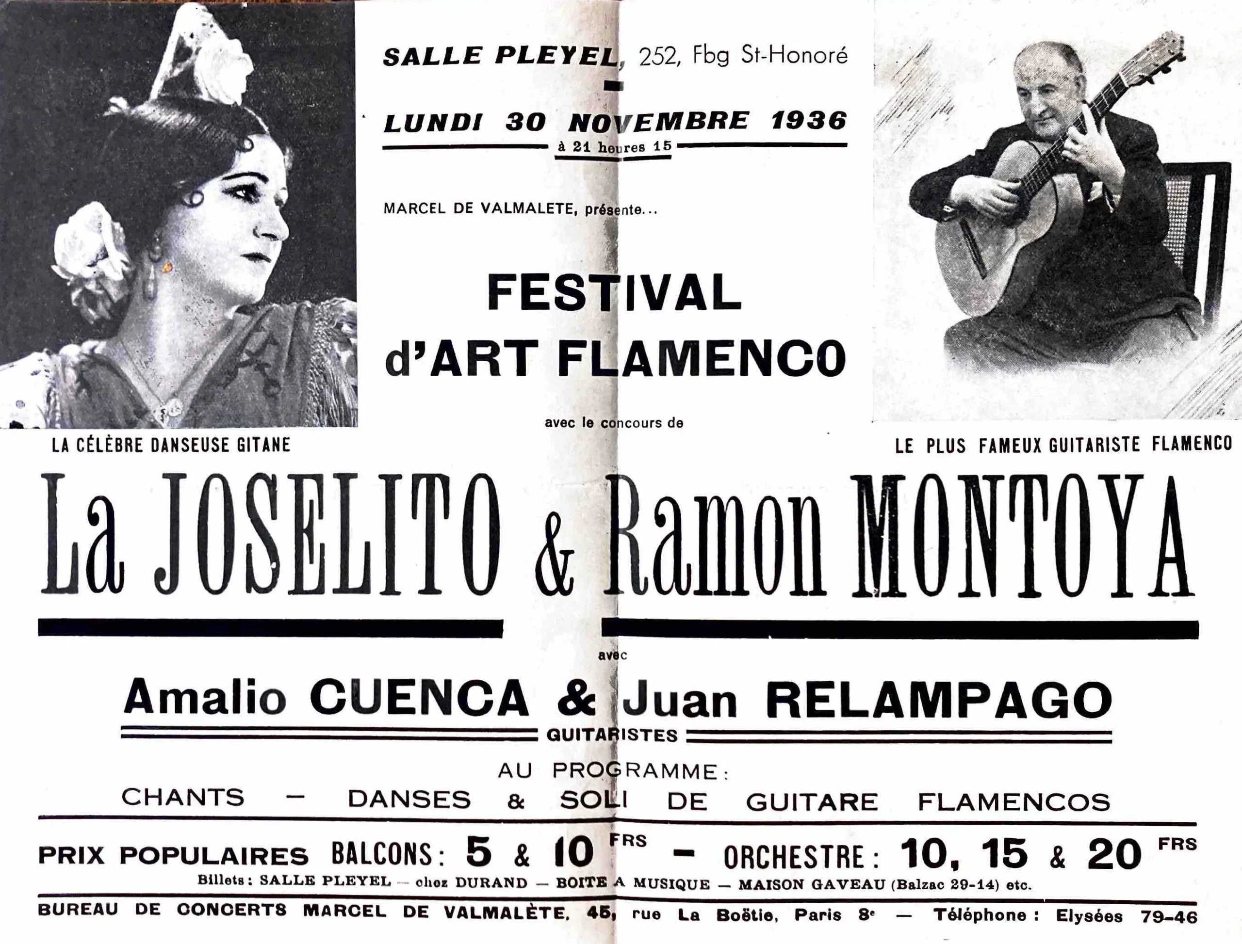 La Joselito y Montoya, sala Pleyel, 30 nov 1936. Cartel publitario.
