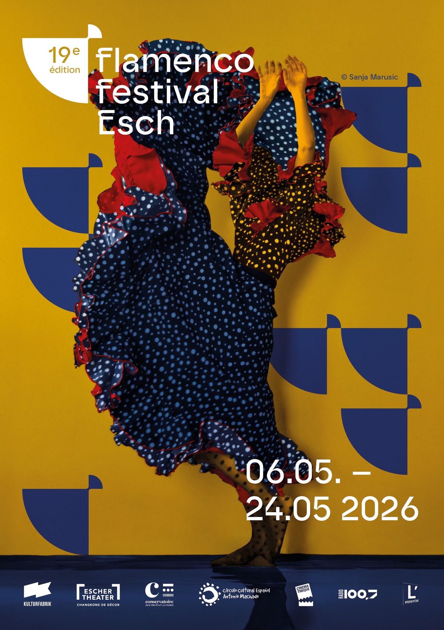 Poster for the 19e édition Flamenco Festival Esch featuring a flamenco dancer in a blue polka-dot dress with red ruffles on a yellow backdrop.