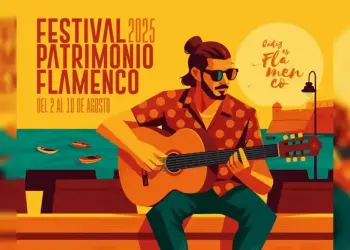 Festival Patrimonio Flamenco 2025 Cabecera - Dibujo de hombre sentado con guitarra, frente al mar.