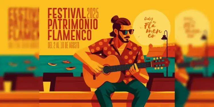 Festival Patrimonio Flamenco 2025 Cabecera - Dibujo de hombre sentado con guitarra, frente al mar.