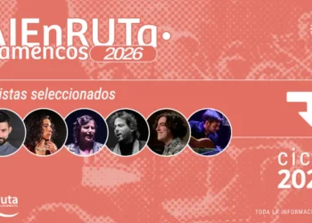 Promotional banner for AIE Flamencos 2026 with six circular artist photos, 'Artistas seleccionados' text, and a download icon on a coral background.