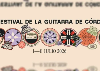 Poster for the 45th Córdoba Guitar Festival, July 1–11, 2026, featuring a row of circular emblems/logos across the banner.