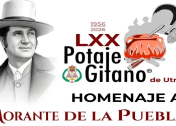 Tribute poster reading 'Homenaje a Morante de la Puebla' with a man's portrait in a hat and a cooking pot illustration.