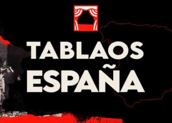 Bold banner reading 'TABLAOS ESPAÑA' on black background with a red outline map of Spain on the right and a grayscale group photo collage on the left; small red logo above text.