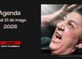 Agenda for May 15–31, 2026 shown beside a close-up of a flamenco performer in mid-scream; dark background with Espacio Expo Flamenco logo on the left.