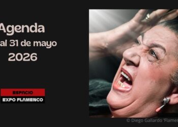 Agenda for May 15–31, 2026 shown beside a close-up of a flamenco performer in mid-scream; dark background with Espacio Expo Flamenco logo on the left.