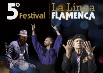 Collage of flamenco dancers performing on stage under the banner '5 Festival' and 'La Línea Flamenca' against a dark, bokeh-lit background.