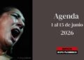 Close-up of a flamenco singer with mouth open on the left; the right side shows 'Agenda 1 al 15 de junio 2026' and the Espacio Expo Flamenco logo.